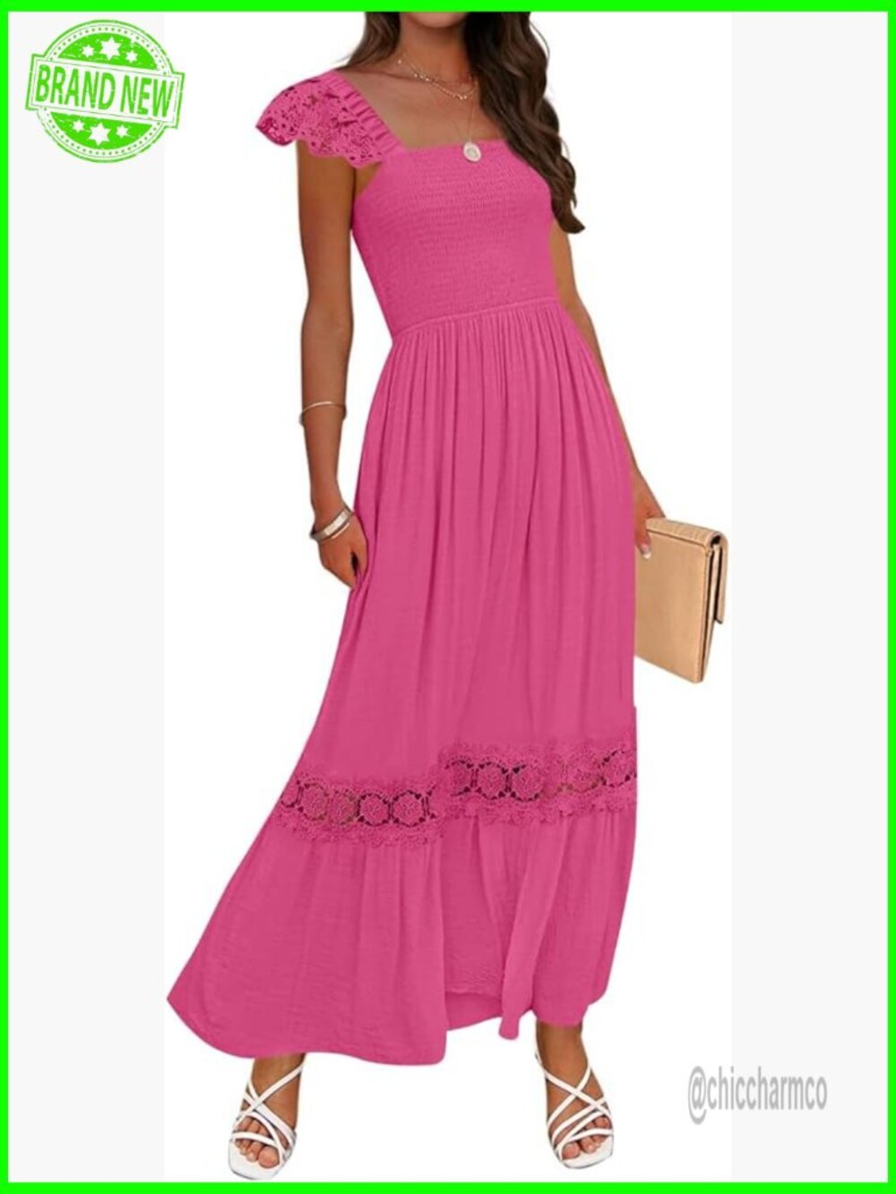 Summer Maxi Dress Lace Strap Sleeveless Square Neck Smocked High Waist Ruffle